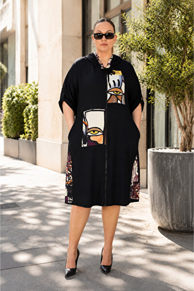 DARKWIN Plus Size Hooded Zipper Dress with Print Detail and Loose Cut Sleeves...