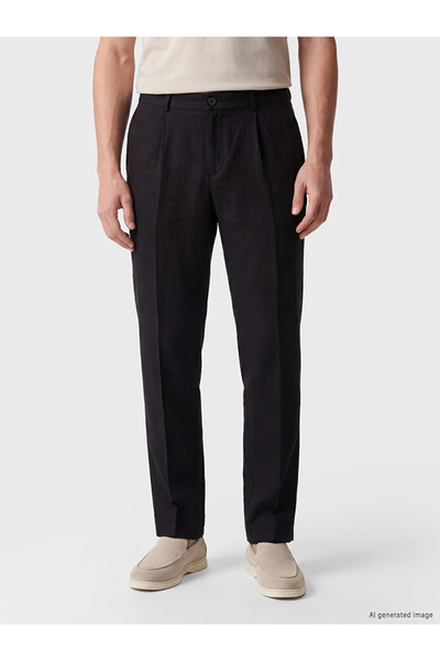 LC Waikiki Black Regular Fit Linen Blend Men's Pleated Trousers
