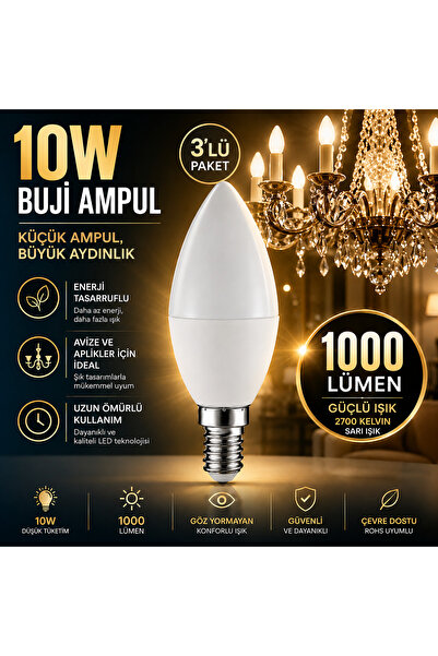 repplam 3'lü Paket 10W Buji Led Ampul Sarı Işık İnce Duylu Ampul Avize Ampulü...