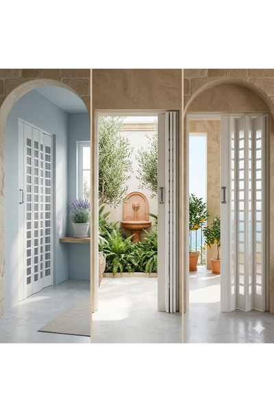 KÜSKÜ Camlı Katlanır PVC Akordiyon Kapı Beyaz 85x205 cm Oda İç Kapı