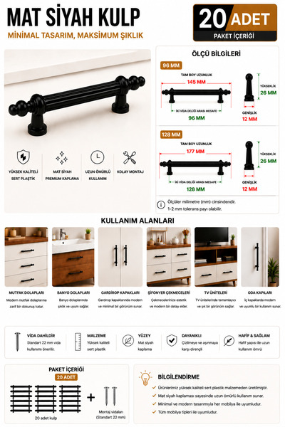 MIB Mat Siyah Dekoratif Mobilya Kulpu 96-128 mm Dolap Çekmece Kulpu Sert Plas...