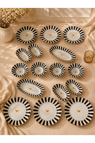 GÜRCÜGLASS Black and White Beep 16-Piece Breakfast Set