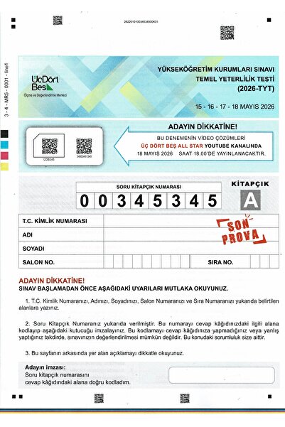 Üç Dört Beş Yayıncılık Üç Dört Beş TYT 2026 SON PROVA (15-16-17-18 Mayıs) Tek...