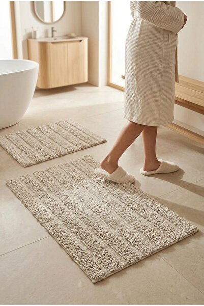 Menderes Home Cotton Collection Line 2-Piece Bath Mat Stone 60X100+50X60 cm