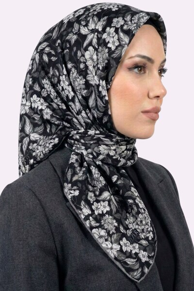 hadiora وشاح نسائي ناعم من القطن العضوي بنقشة زهور باللونين الأسود والرمادي