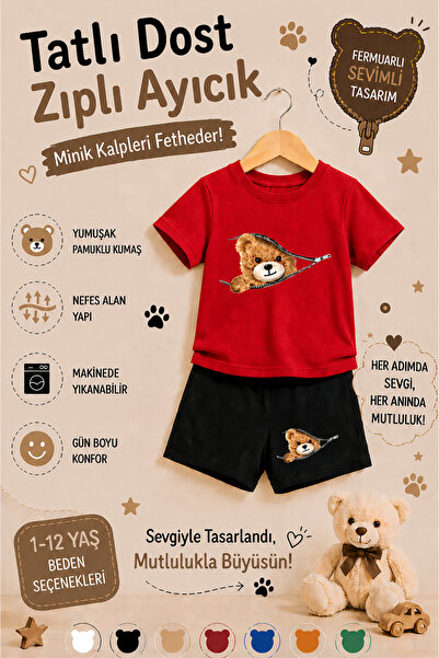 OVERMAX Cute Teddy Bear Printed Children's Set with Zipper – T-Shirt & Shorts...
