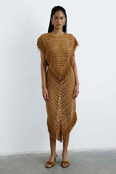 Rue Studio Yüksek Bel Saçaklı Midi Camel Etek