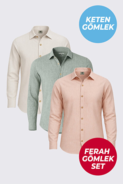 UNIQVIBE 3'lü Erkek Keten Gömlek Seti | Ekru, Yeşil, Somon