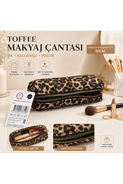 Çelik Toffee Leopar Desenli Su Geçirmez Makyaj Çantası Organizer Kozmetik Çan...