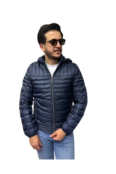 Brango Men's Quilted Striped Patterned Hooded Slim Fit Puffer Casual Coat