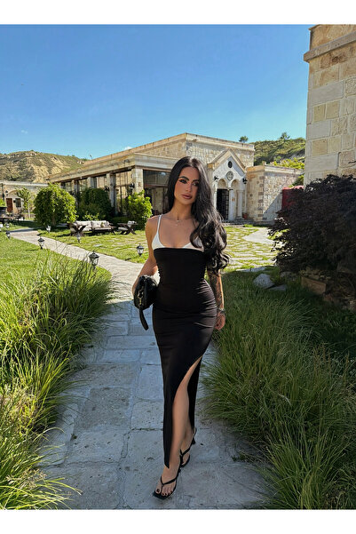 kırmızı butiks Tek Yırtmaçlı Garni Elbise