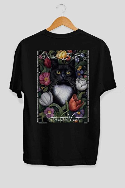 Ankhises 44 Cats for the Sake of Cat Love Printed Black Oversize T-Shirt 100%...