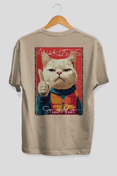 Ankhises 39 Cats for the Sake of Cat Love Printed Beige Oversize T-Shirt 100%...