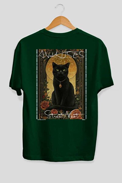 Ankhises 84 Cats for the Sake of Cats Printed Green Oversize T-Shirt 100% Cot...