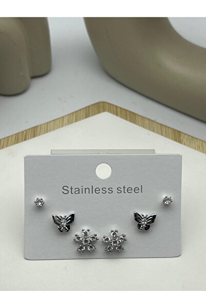 BİJU YILMAZ 26clk27 butterfly and flower detailed silver steel earring set