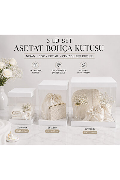TATLI GÜNLER 3 lü Beyaz Şeffaf Bohça Kutusu Asetat Kutu – Damat Bohçası ve He...