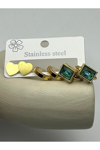 BİJU YILMAZ 26Clk46 Green Stone Detailed Gold Steel Earring Set