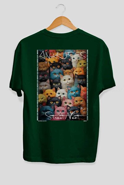 Ankhises For the Love of Cats 19 Cats Printed Green Oversize T-Shirt 100% Cot...