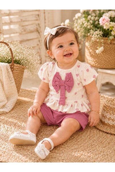 Superbaby Set 2 piese din muselina pentru fete cu imprimeu inimioare si fundita
