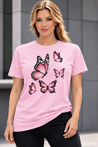 VODEXA Women's Oversize T-Shirt Colorful Butterflies Printed 100% Cotton T-Sh...