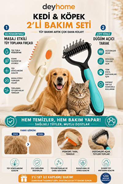 DEYHOME 2'li Kedi Köpek Bakım Seti | Su Püskürtmeli Masaj Fırçası + Çift Yönl...