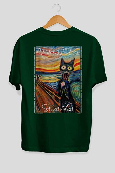 Ankhises For the Love of Cats 23 Cats Printed Green Oversize T-Shirt 100% Cot...