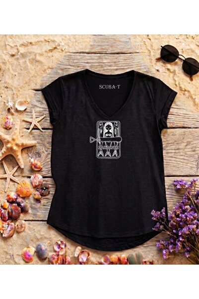 ScubaPromoTurkey Mermaid S Ardalya Printed Black V-Neck Flared Cotton T-Shirt