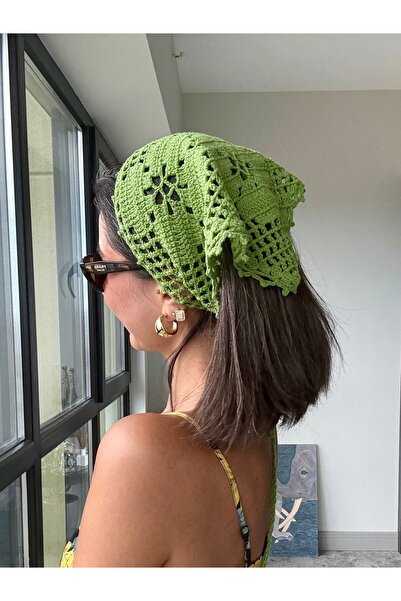 Merishe Jewerly Merishe Crochet Bandana Green Floral Patterned Hand Knitted
