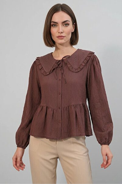 buğrahayalin Women's Baby Collar Gathered Ruffle Sleeve Brown Shirt