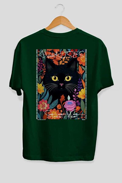 Ankhises For the Love of Cats 52 Cats Printed Green Oversize T-Shirt 100% Cot...