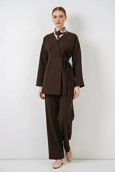 buğrahayalin Women's V-Neck Regular Side-Tie Brown Two-Piece Set