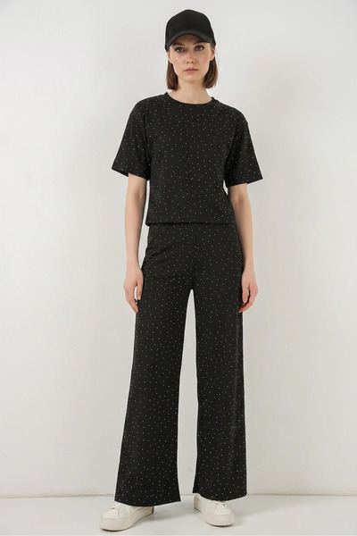 buğrahayalin Women's Round Neck Dotted Pattern Black Two-Piece Set