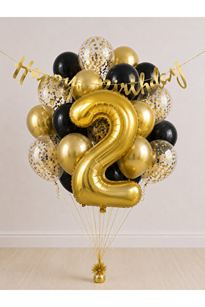 Balonsan -2- Age Gold Happy Birthday Banner Themed Balloon Bundle 15 Pieces
