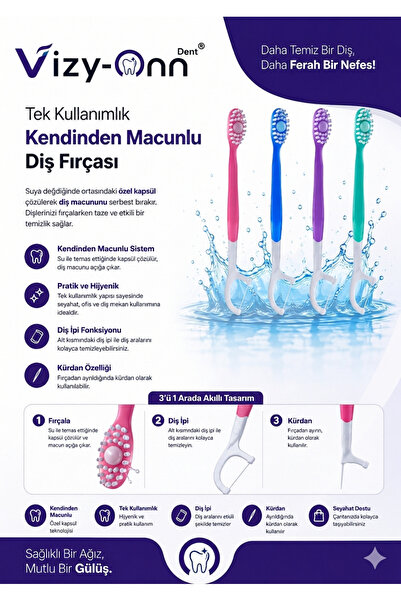 Vizy-Onn Dent Tek kullanımlık Kendinden Macunlu Diş Fırçası - Diş İpi - Kürda...
