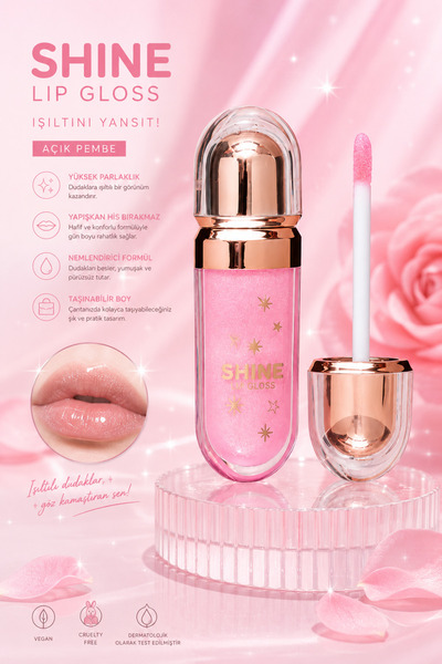SETBEAUTY AÇIK PEMBE SİMLİ RENKLİ DUDAK PARLATICI RUJ – SHİNE LİP GLOSS 01