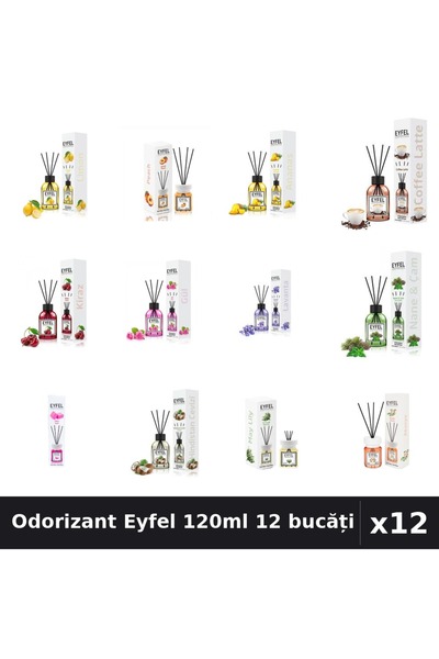 Eyfel Set 12 Odorizant Camera cu Betișoare 120ml - 12 Arome Asortate, Parfum ...