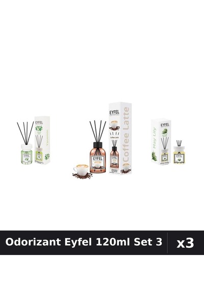 Eyfel Set 3 Odorizant Camera Betisoare 120ml - Iasomie, Cafea, Lacramioare