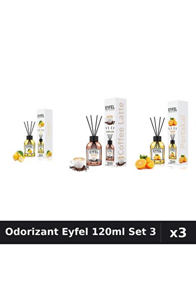 Eyfel Set 3 Odorizant Cameră Betișoare 120ml - Lămâie, Cafea, Portocală