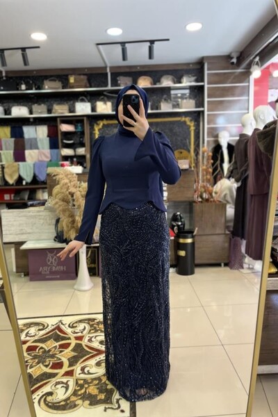 HÜMEYRA BUTİK Sequined Evening Dress with Sleeves and Skirt