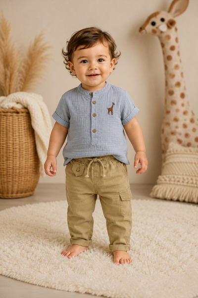 Tuğra Bebe Ürafa Embroidered Muslin Shirt and Baby Boy Pants Set