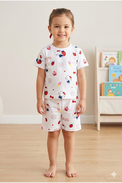 Baby Hello Kitty Desenli Kız Çocuk Süprem Yazlık Şortlu Pijama Takımı - Pamuk...