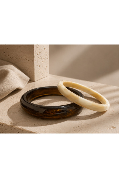 SOLÉORA COAST Vintage Reçine Bileklik Seti 2’li Kahve & Krem Mermer Desenli