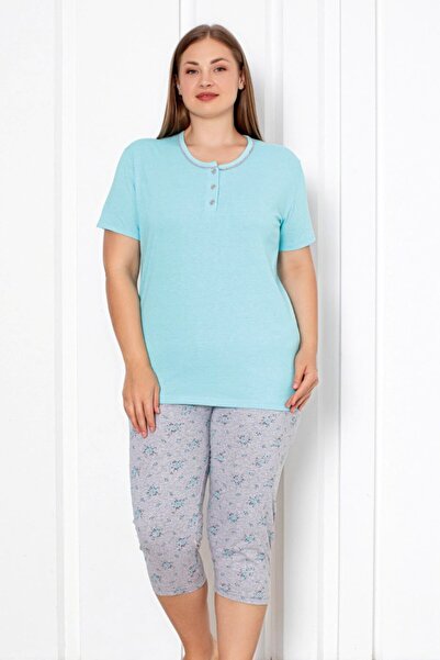 Serena Women's Plus Size Cotton Pajamas, Short Sleeves, 3/4 Pants, Turquoise