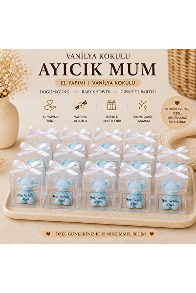 F&A Candle 30 ADET Kişiye Özel El Yapımı Mavi Ayıcık Mum – Vanilya Kokulu Nik...