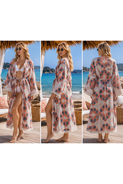 Store Kadın Çiçek Desenli Uzun Kimono Plaj kaftanı Püskül Detaylı Belden Bağl...