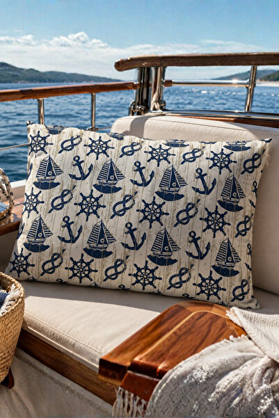 Elegancembroidery Marin Desenli Dekoratif Kırlent Kılıfı – Çapa, Dümen ve Yel...