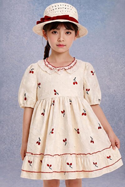 Perendi Girl's Cherry Embroidered Lace Collar Brode Dress with Hat - 100% Cot...