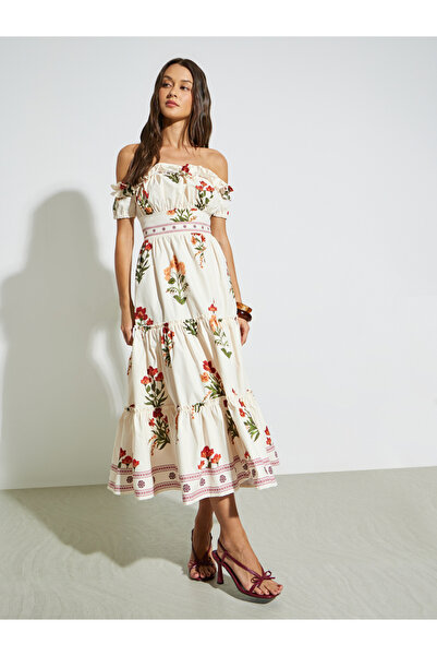 Styli Off White Floral Print Tiered Midi Dress