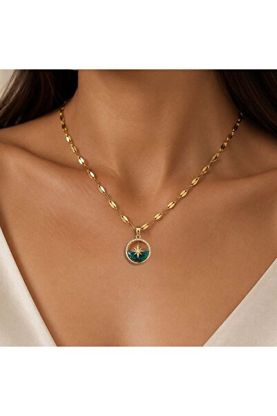 Bk Gift Compass Star Figured Blue Stone Women's Necklace - Non-Tarnishing Gol...