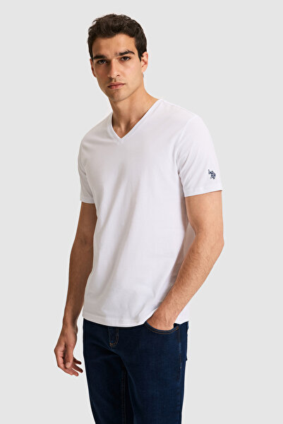 U.S. Polo Assn. Men's Regular Fit V-Neck White Basic T-Shirt 50326944-Vr013